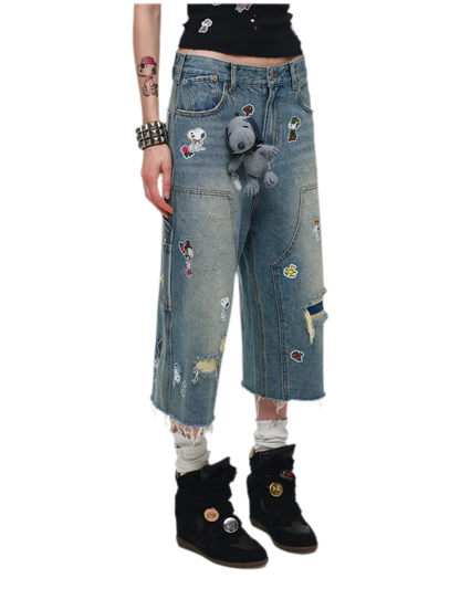 Washed Distressed Cropped Jeans