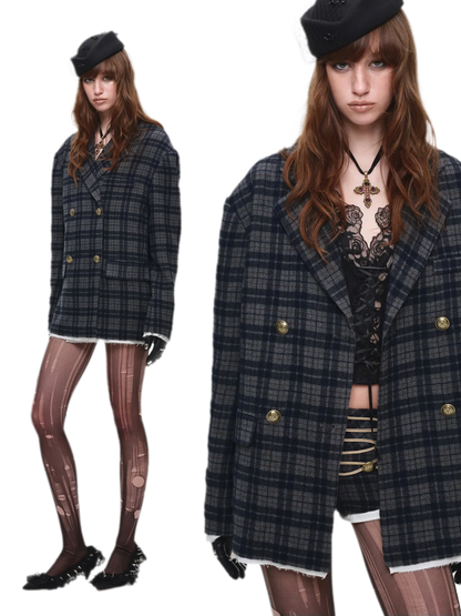 Vintage Plaid Double-Breasted Coat