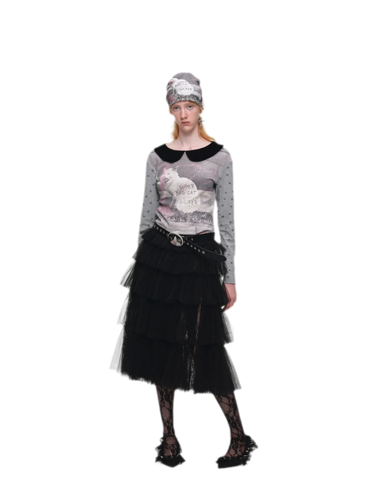 Camiseta de cuello Peter Pan con bloques de color y gato