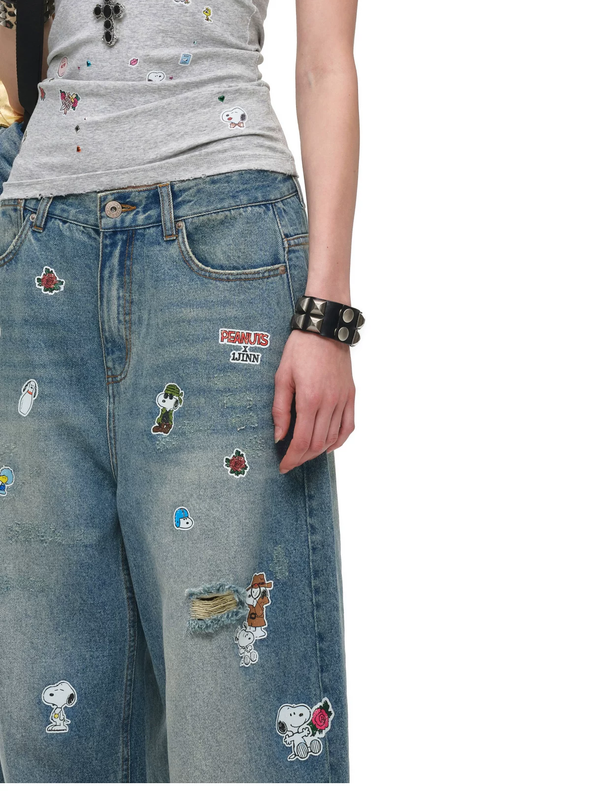 Washed Distressed Wide-Leg Jeans