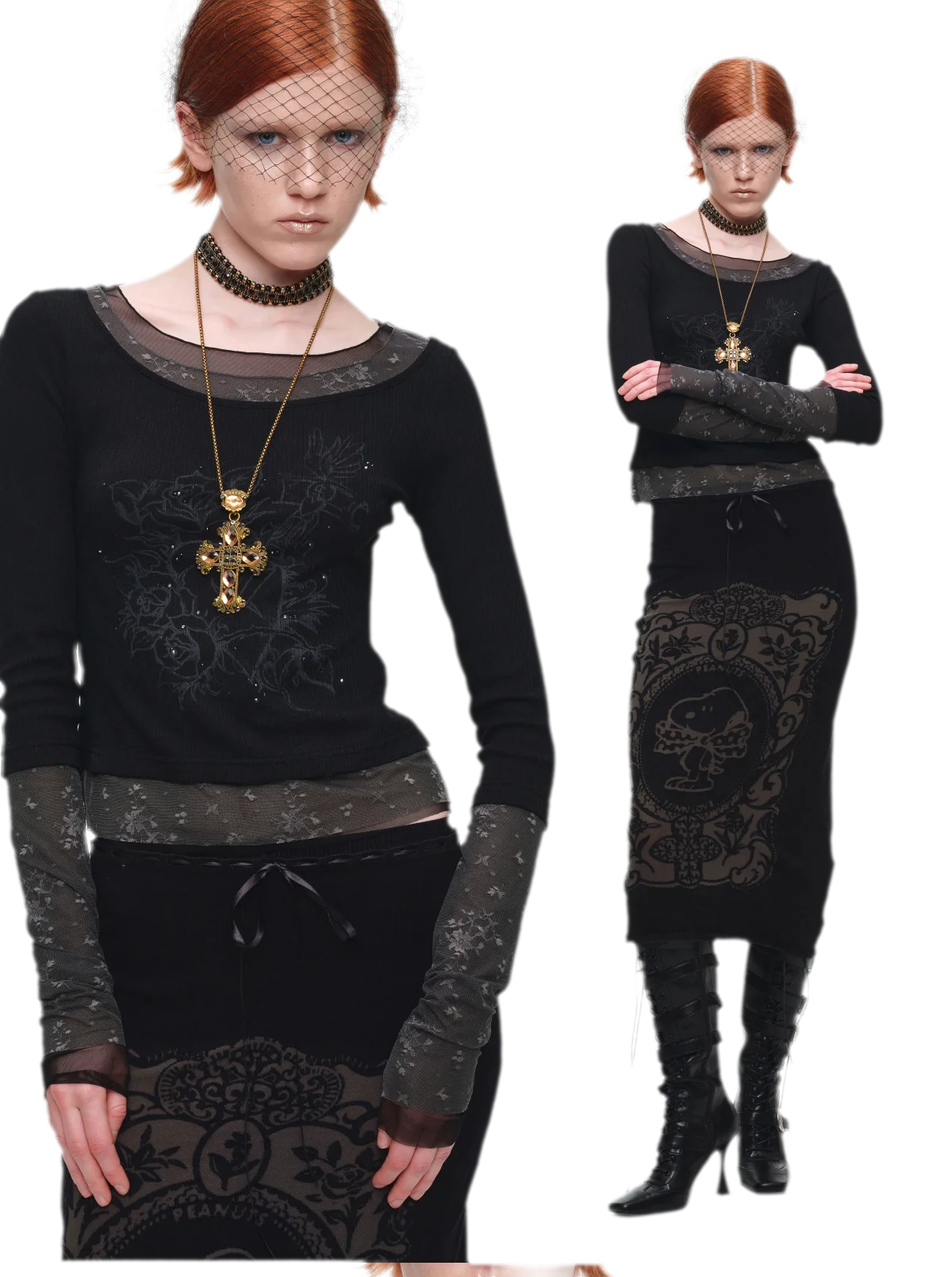 Vintage Lace Contrast Long-Sleeve Top