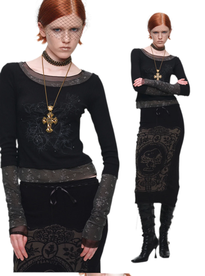 Vintage Lace Contrast Long-Sleeve Top