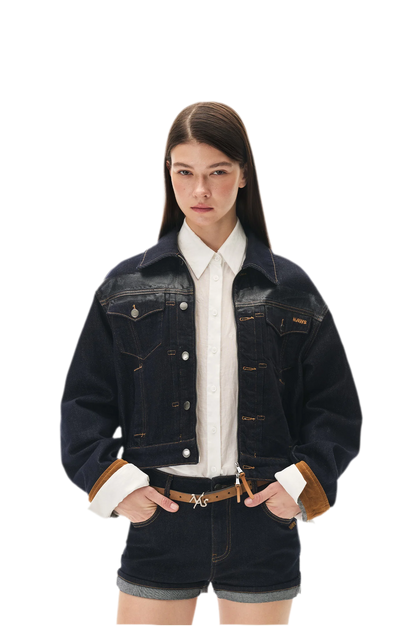 Suede-Patch Coated Denim Jacket