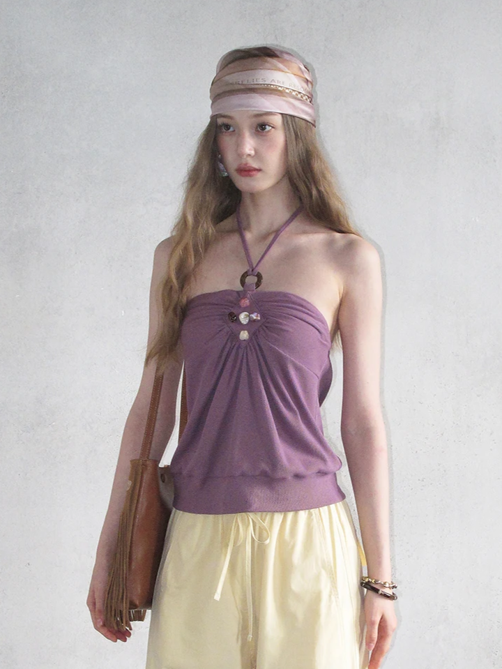 Beaded Ruched Halter Ribbed Top