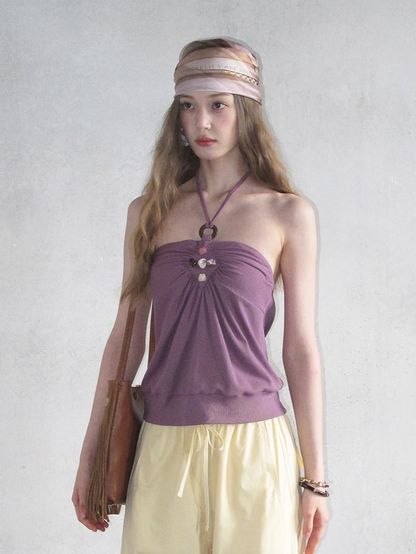 Beaded Ruched Halter Ribbed Top