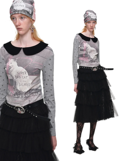 Camiseta de cuello Peter Pan con bloques de color y gato