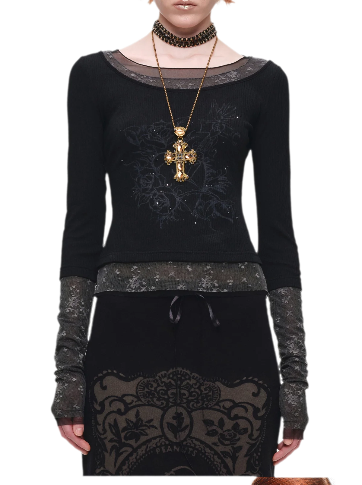 Vintage Lace Contrast Long-Sleeve Top