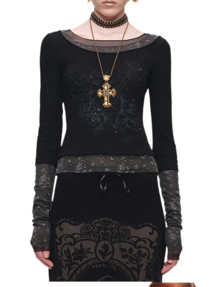 Vintage Lace Contrast Long-Sleeve Top