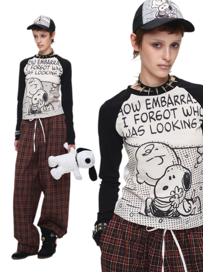 Contrast Plaid Wide-Leg Pants