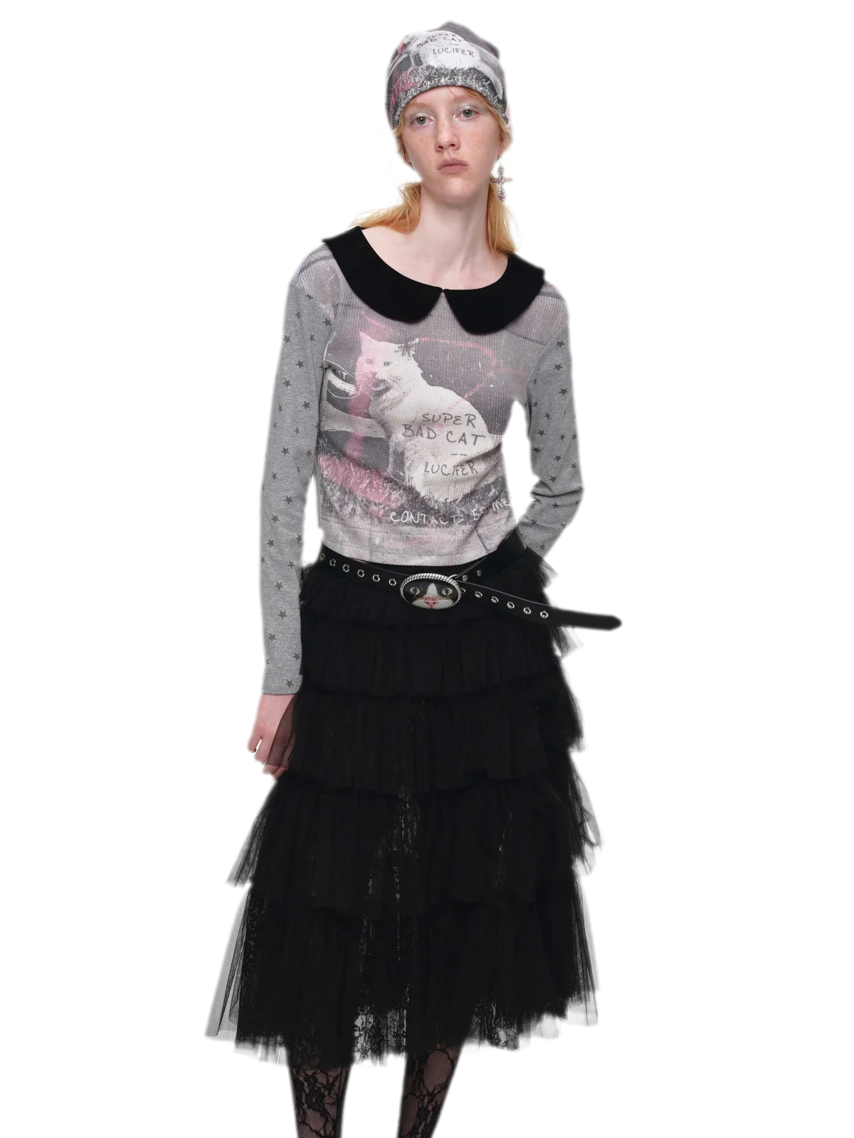 Camiseta de cuello Peter Pan con bloques de color y gato