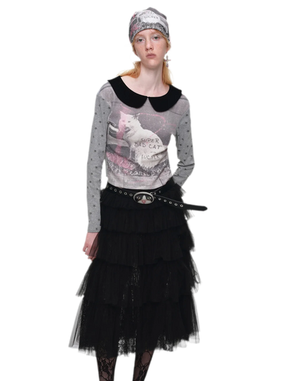 Camiseta de cuello Peter Pan con bloques de color y gato