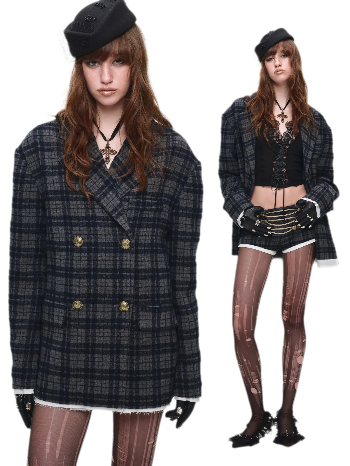 Vintage Plaid Double-Breasted Coat