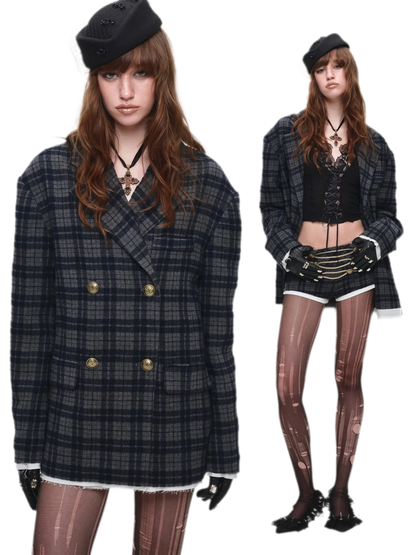 Vintage Plaid Double-Breasted Coat