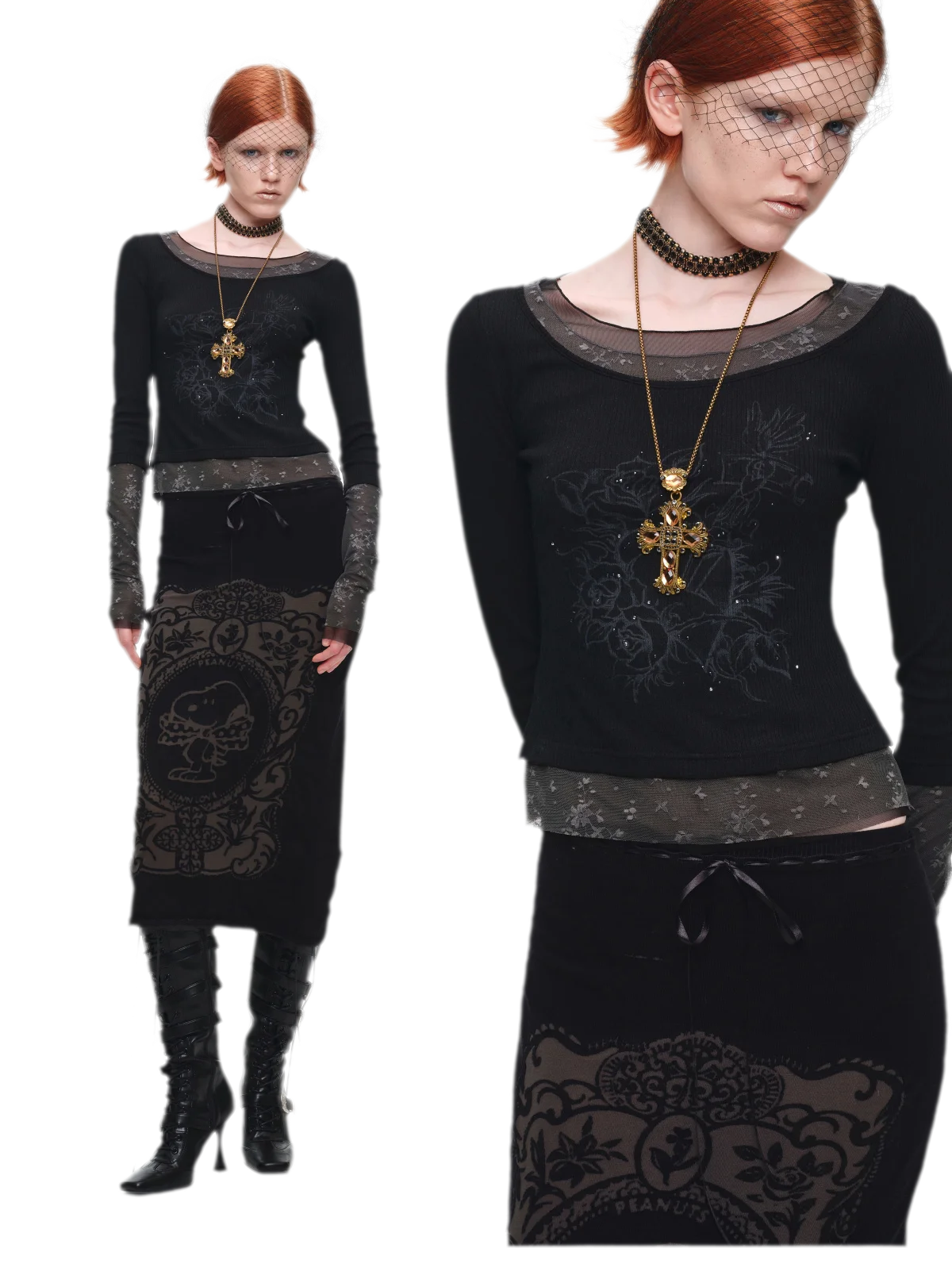 Vintage Lace Contrast Long-Sleeve Top