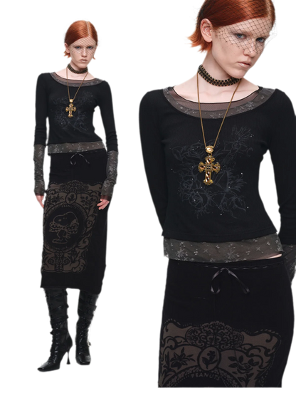 Vintage Lace Contrast Long-Sleeve Top