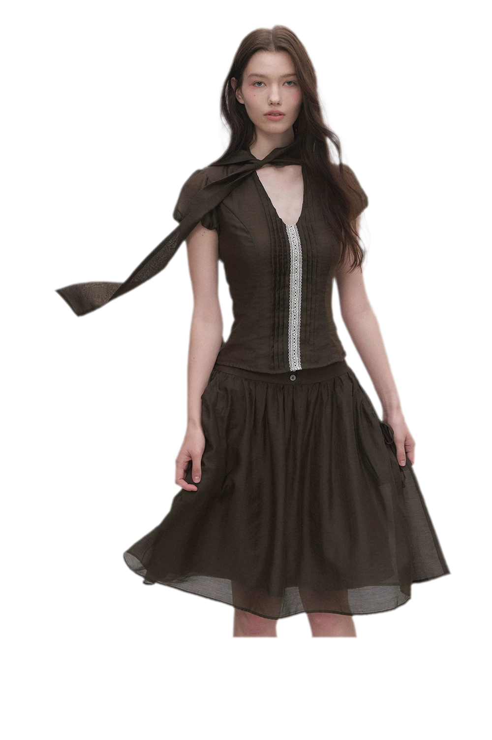 Tie-Neck Flared Skirt Set