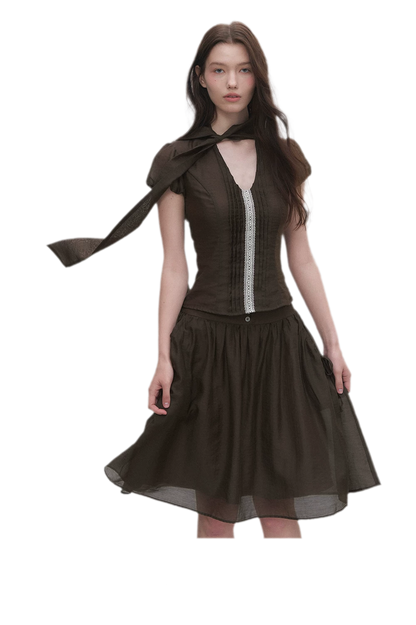 Tie-Neck Flared Skirt Set