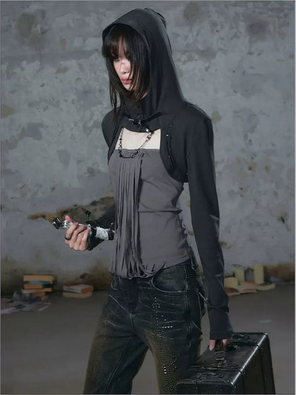 Distressed Hooded Knit Bustier Top