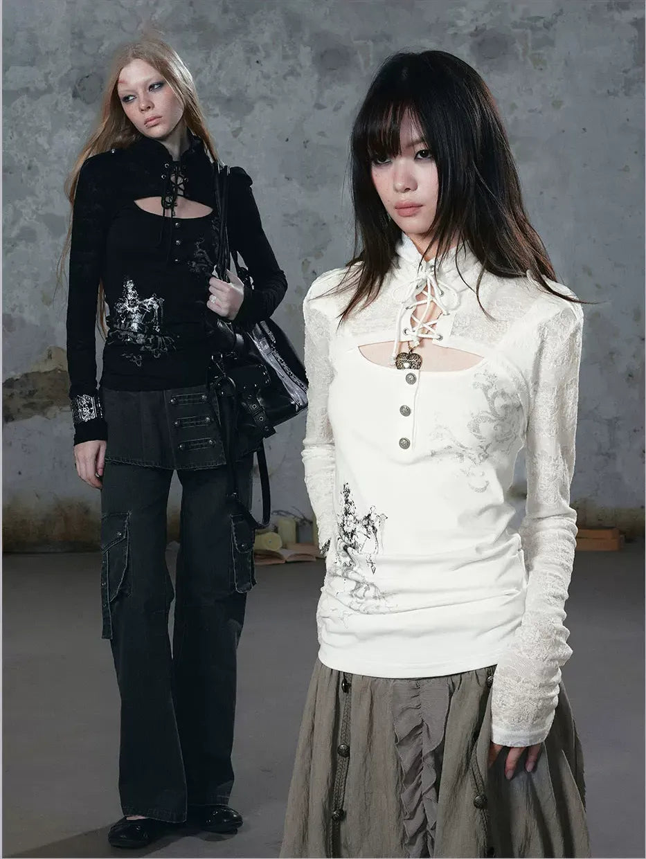 Silver Foil Gothic Lace-Up Top