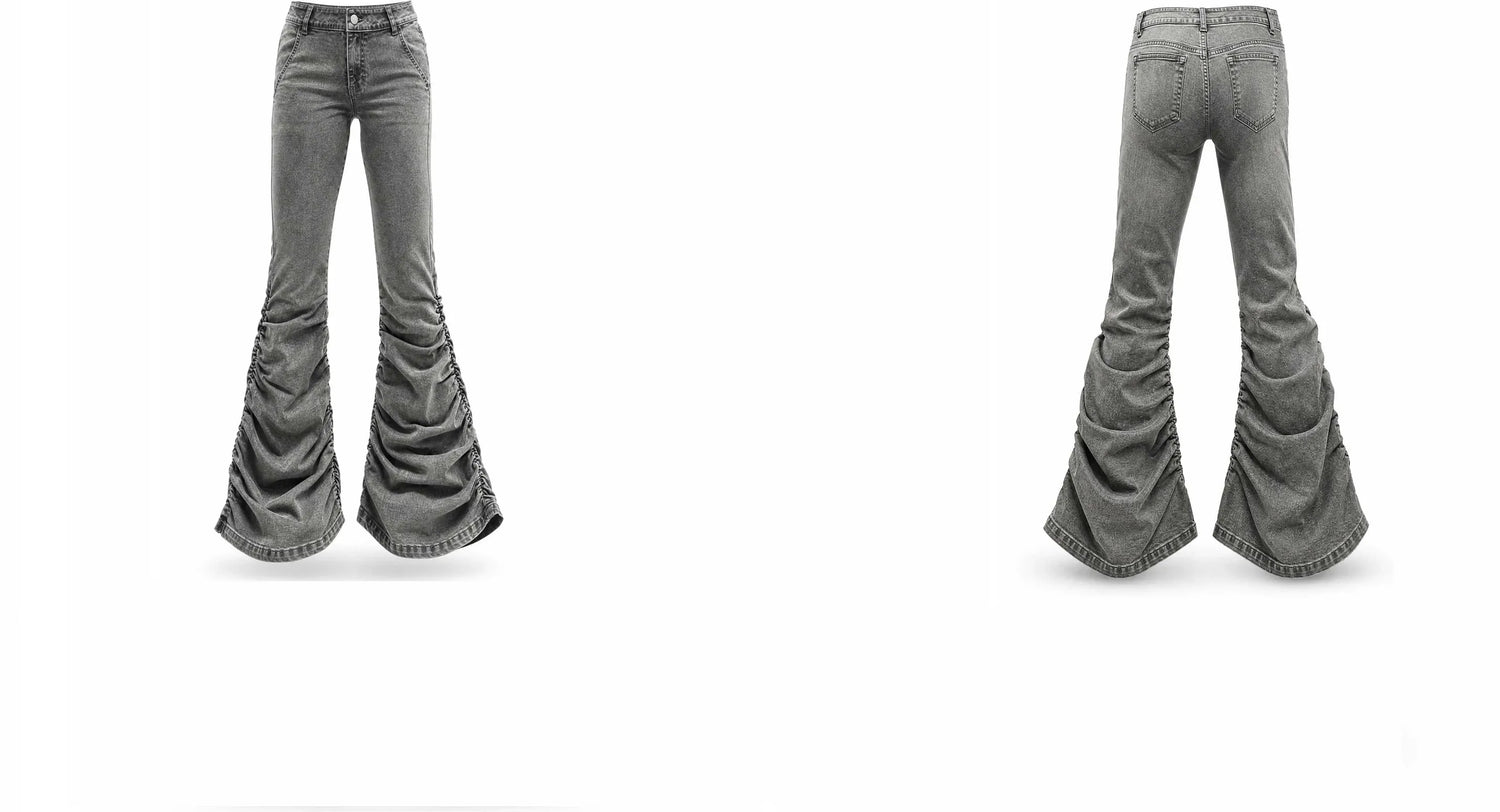 Washed Low-Rise Ruched Flare Jeans