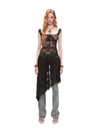 Lace Irregular Hem U-Neck Dress