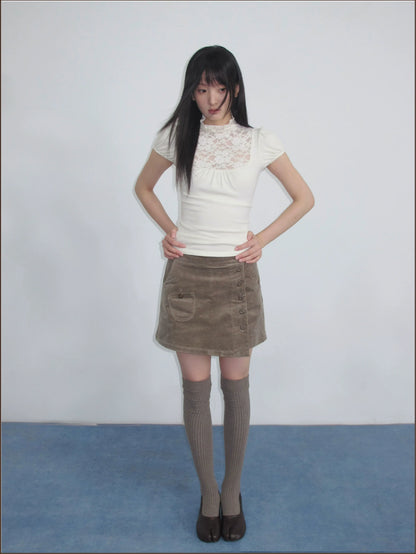 Lace Yoke Ruched Fitted Top