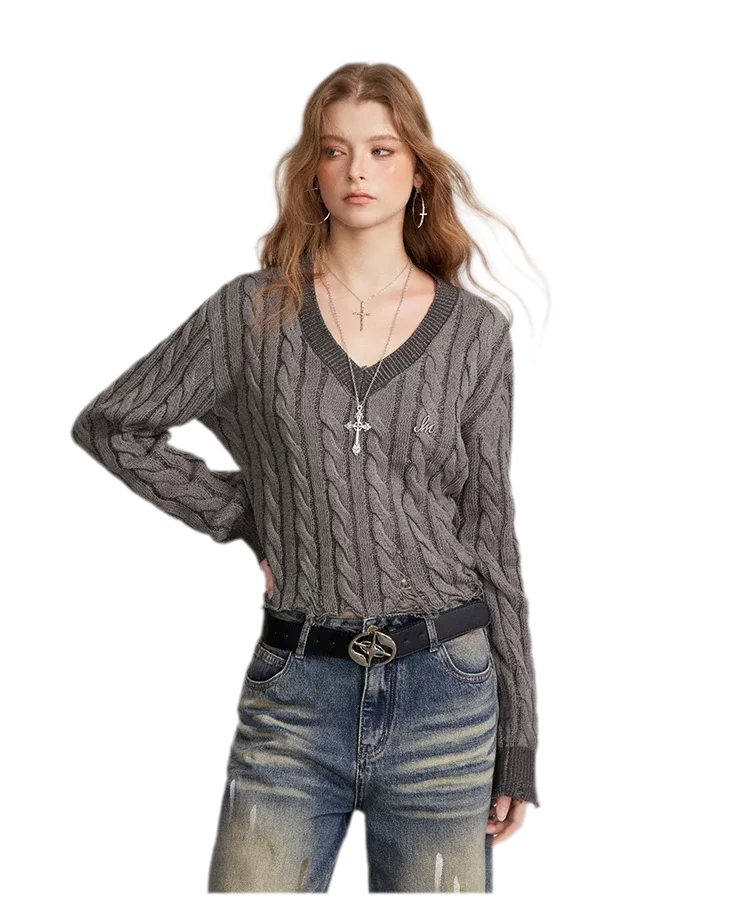 Distressed Cable Knit V-Neck Sweater