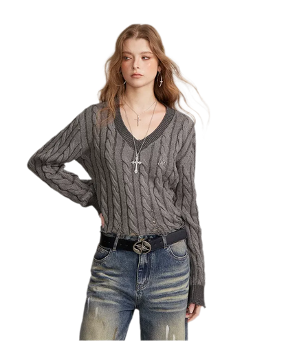 Distressed Cable Knit V-Neck Sweater