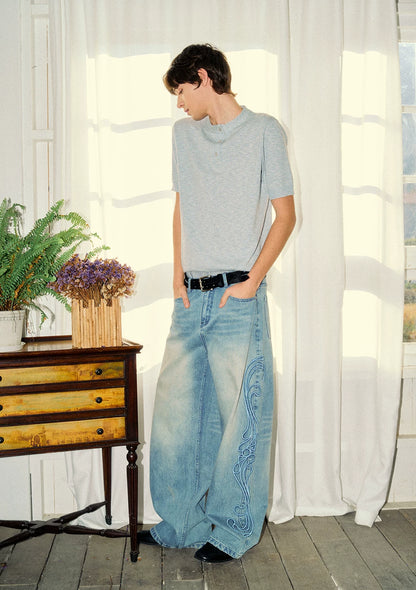 Washed Embroidered Wide-Leg Jeans