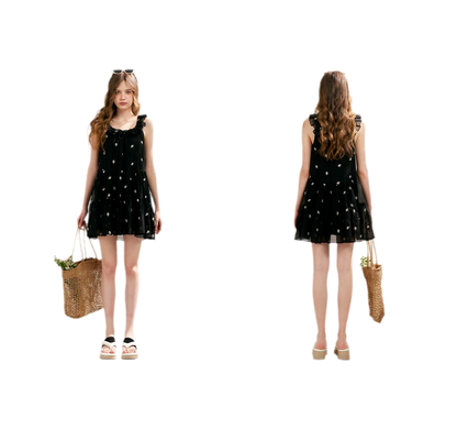 Tencel Embroidered Ruffle A-line Dress