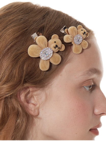 Pinza para el cabello con oso flocado y piedras preciosas