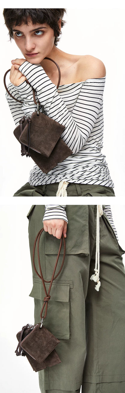 First Layer Cowhide and Suede Crossbody Card Wallet