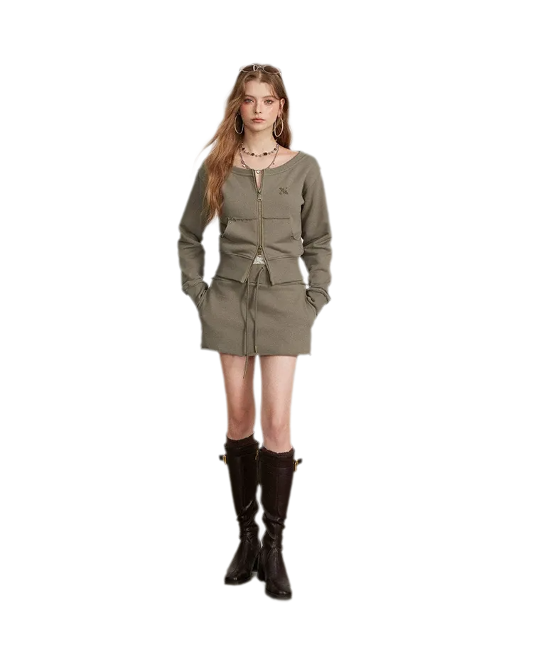 Raw Edge Zip Sweatshirt Set