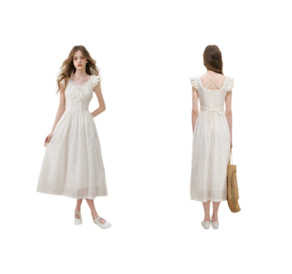 Embroidered Flutter Sleeve Dress