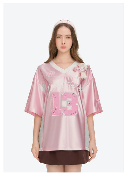 Satin V-Neck Short Sleeve T-Shirt