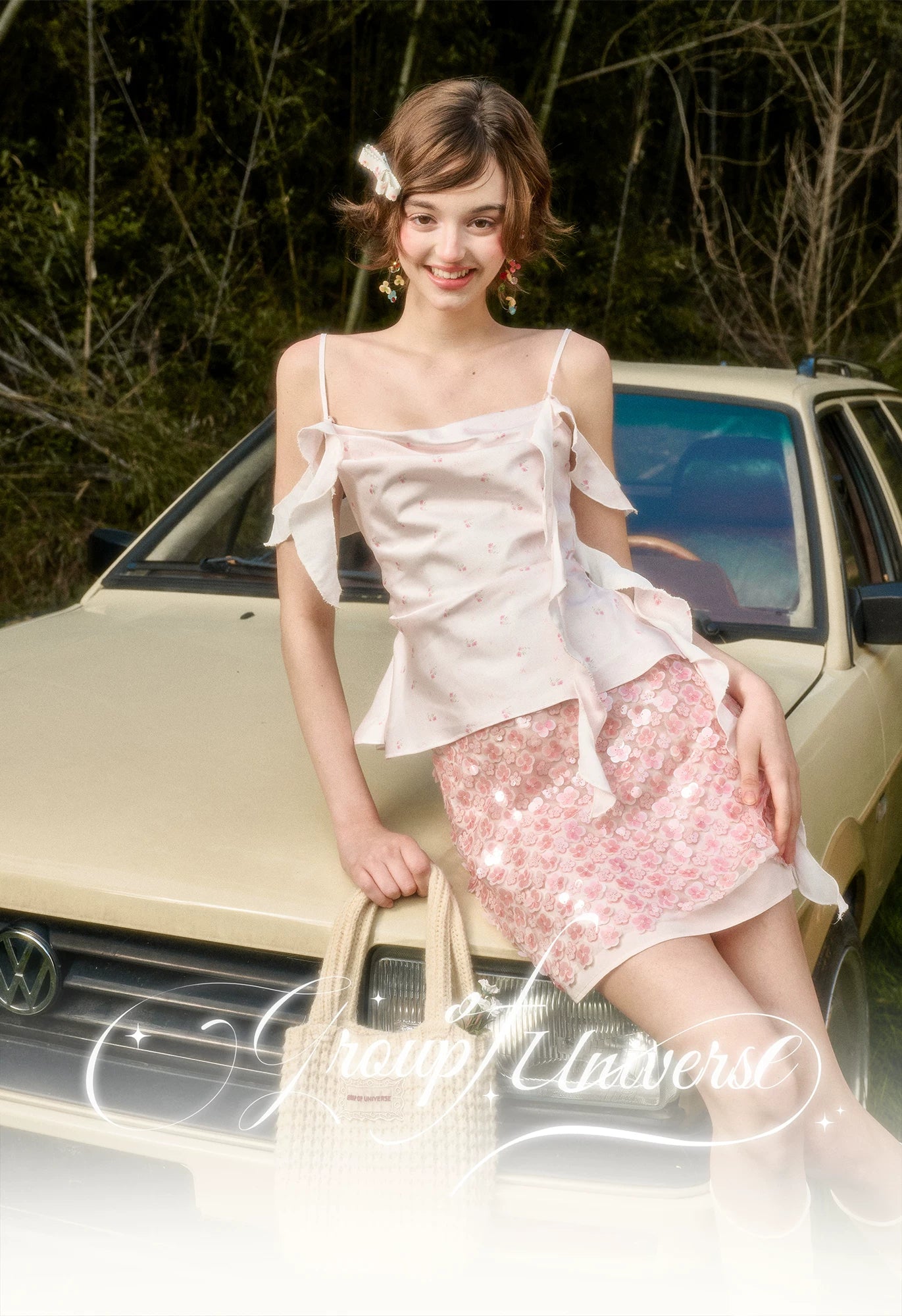 Babypink Satin Ribbon Top &amp; Sequin Skirt Set