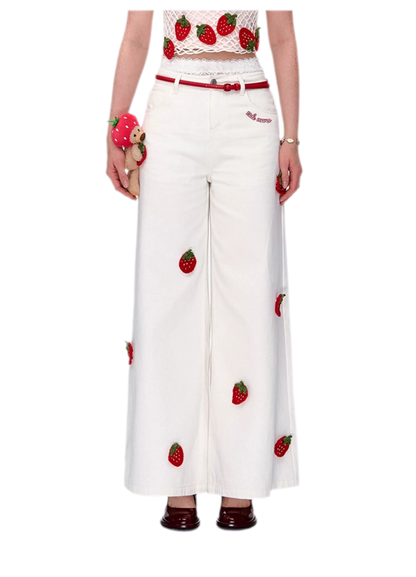 Fruit Embroidered Wide-Leg Pants