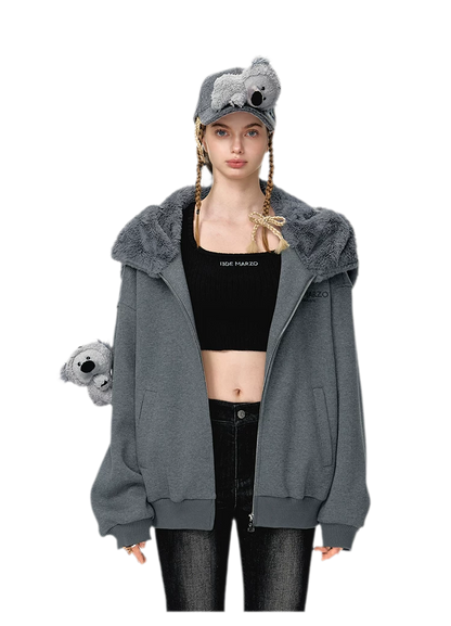 Áo hoodie khóa kéo bề mặt dệt nổi hình gấu koala