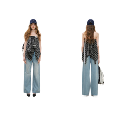 Asymmetric Lace Patchwork Plaid Skirt/Top