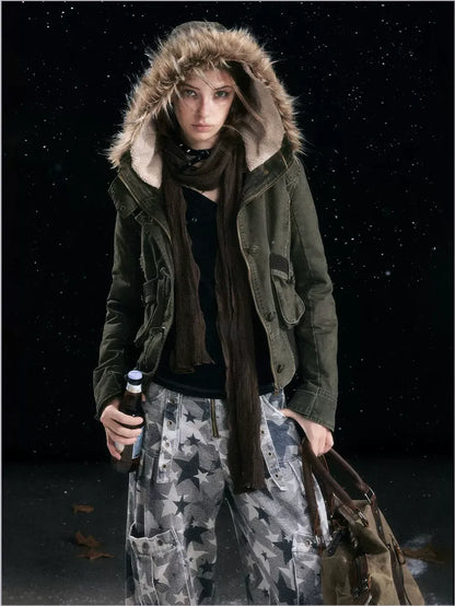 Washed Quilted Fur-Trim Hooded Jacket