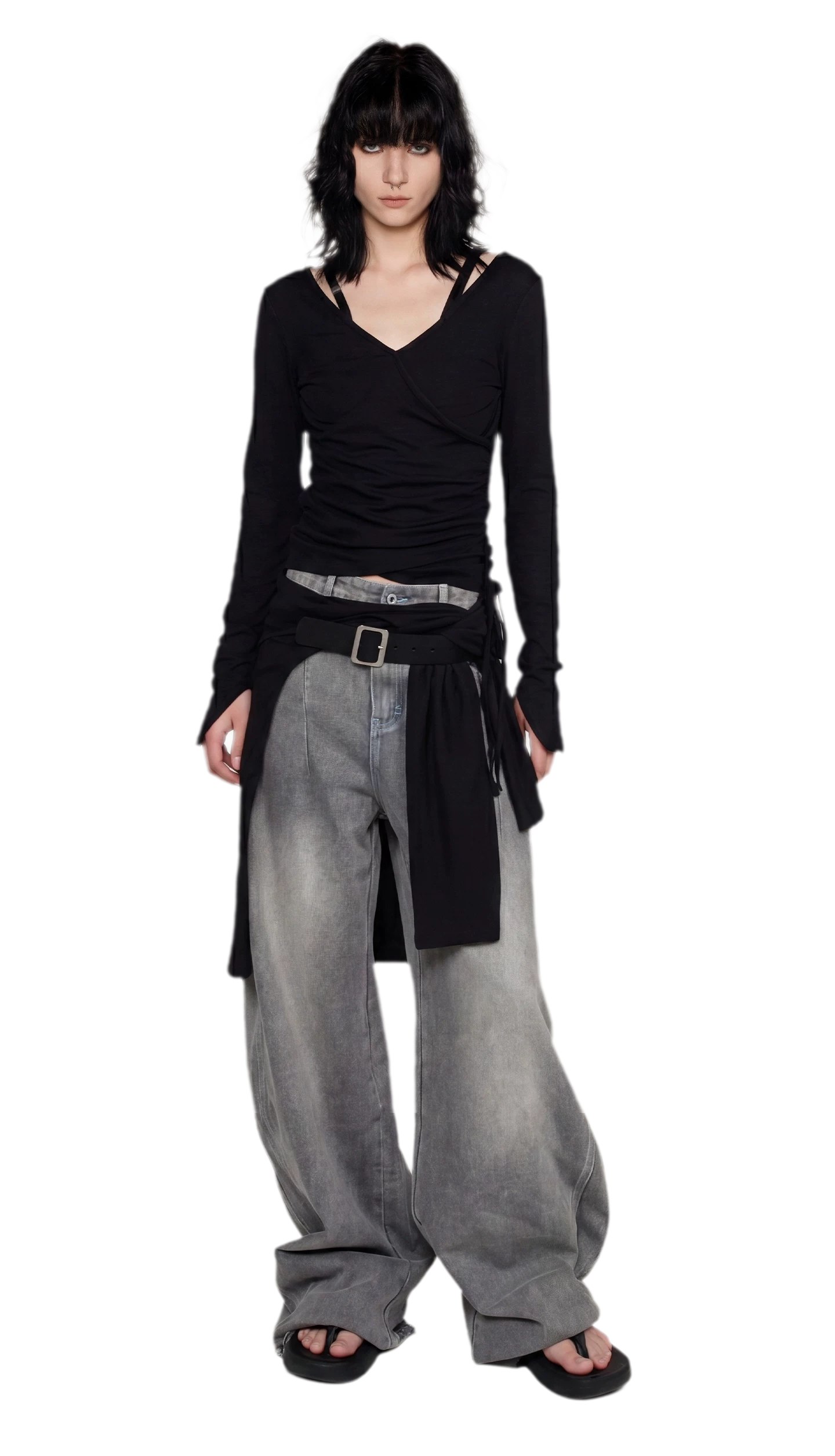 Textured Ruched Slim Long-Sleeve Top