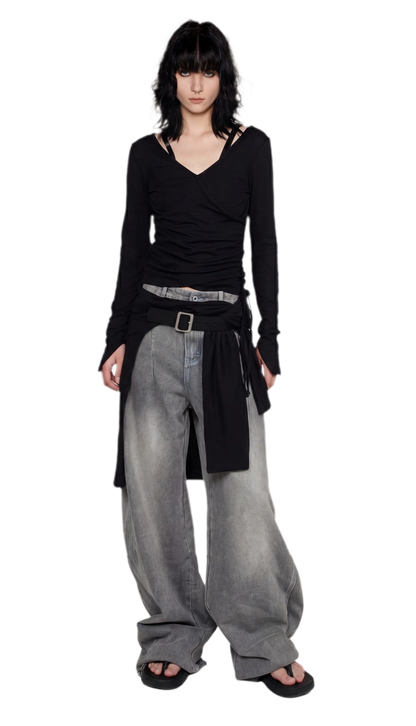 Textured Ruched Slim Long-Sleeve Top