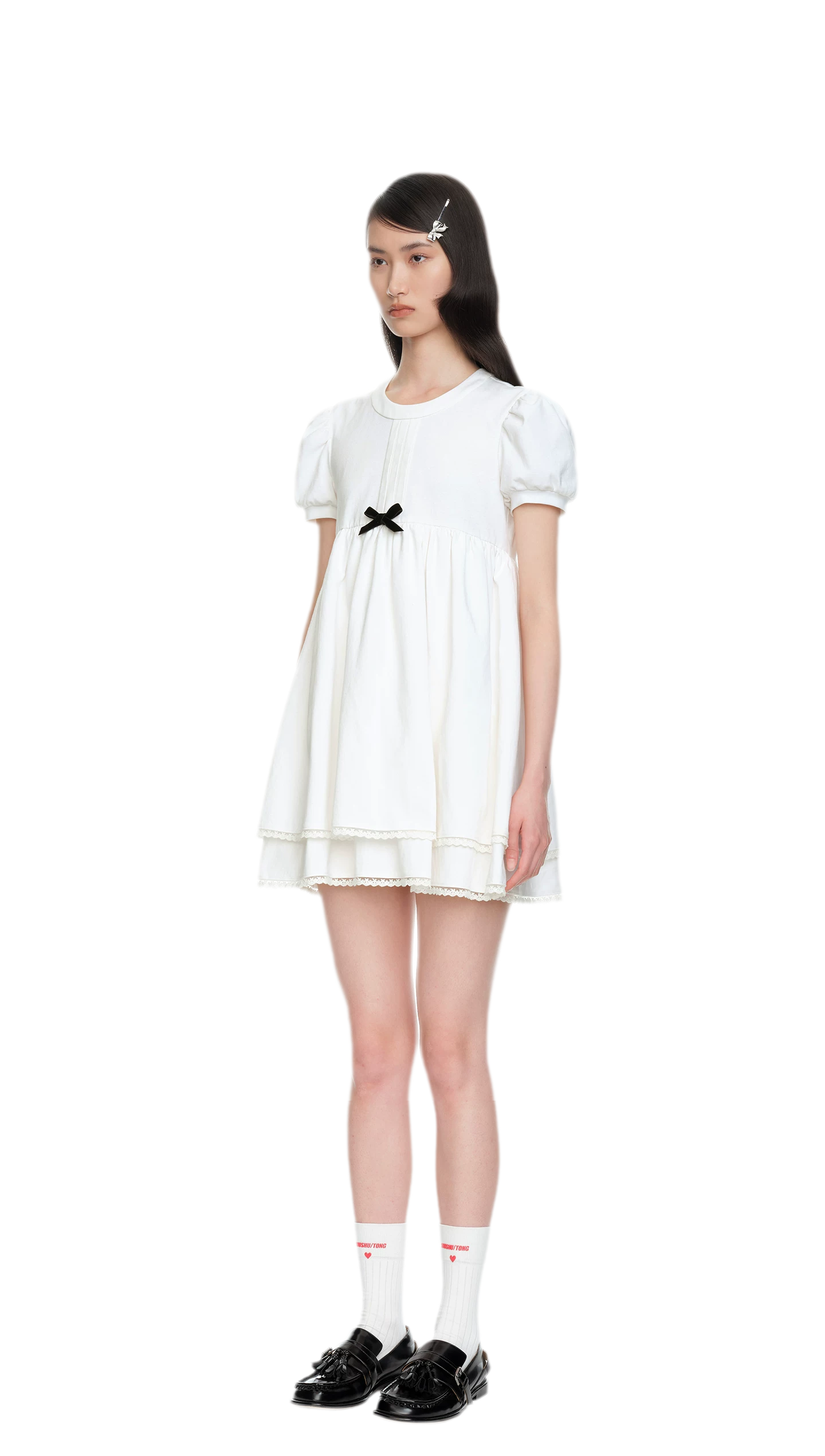 Cotton Puff Sleeve Bow Dress