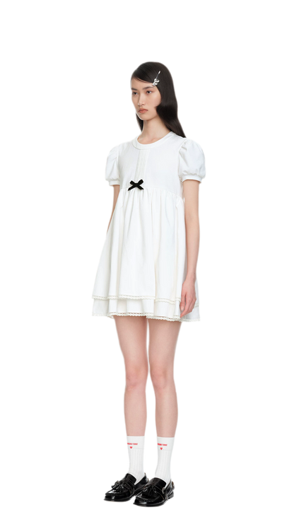Cotton Puff Sleeve Bow Dress