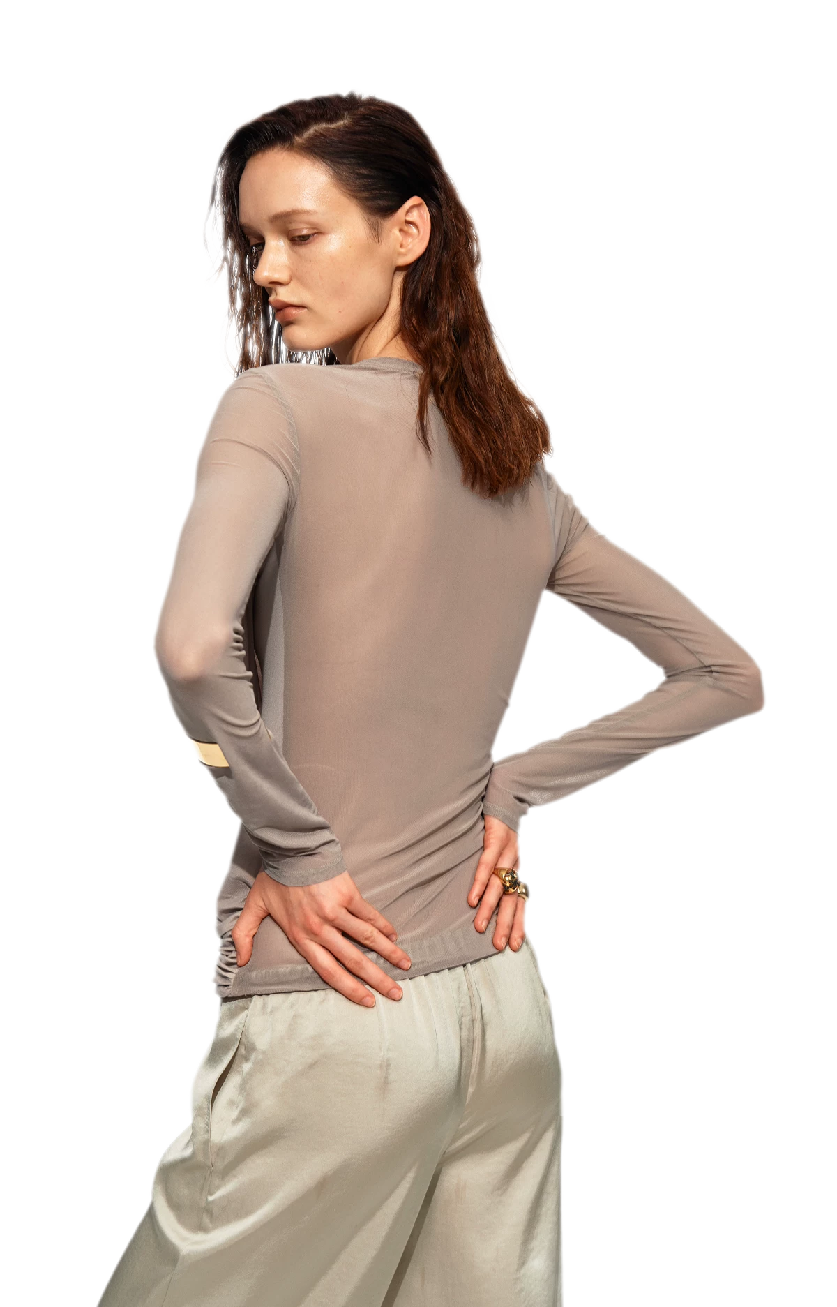 Draped Mesh Long Sleeve Tee
