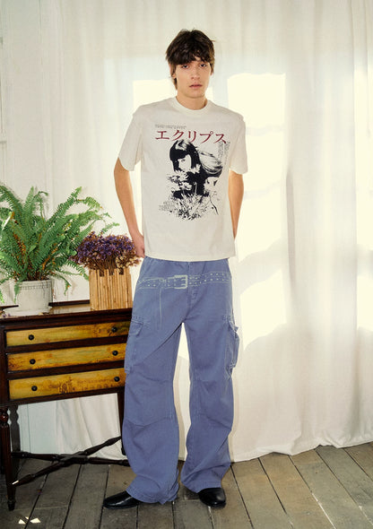 Washed Distressed Wide-Leg Cargo Pants
