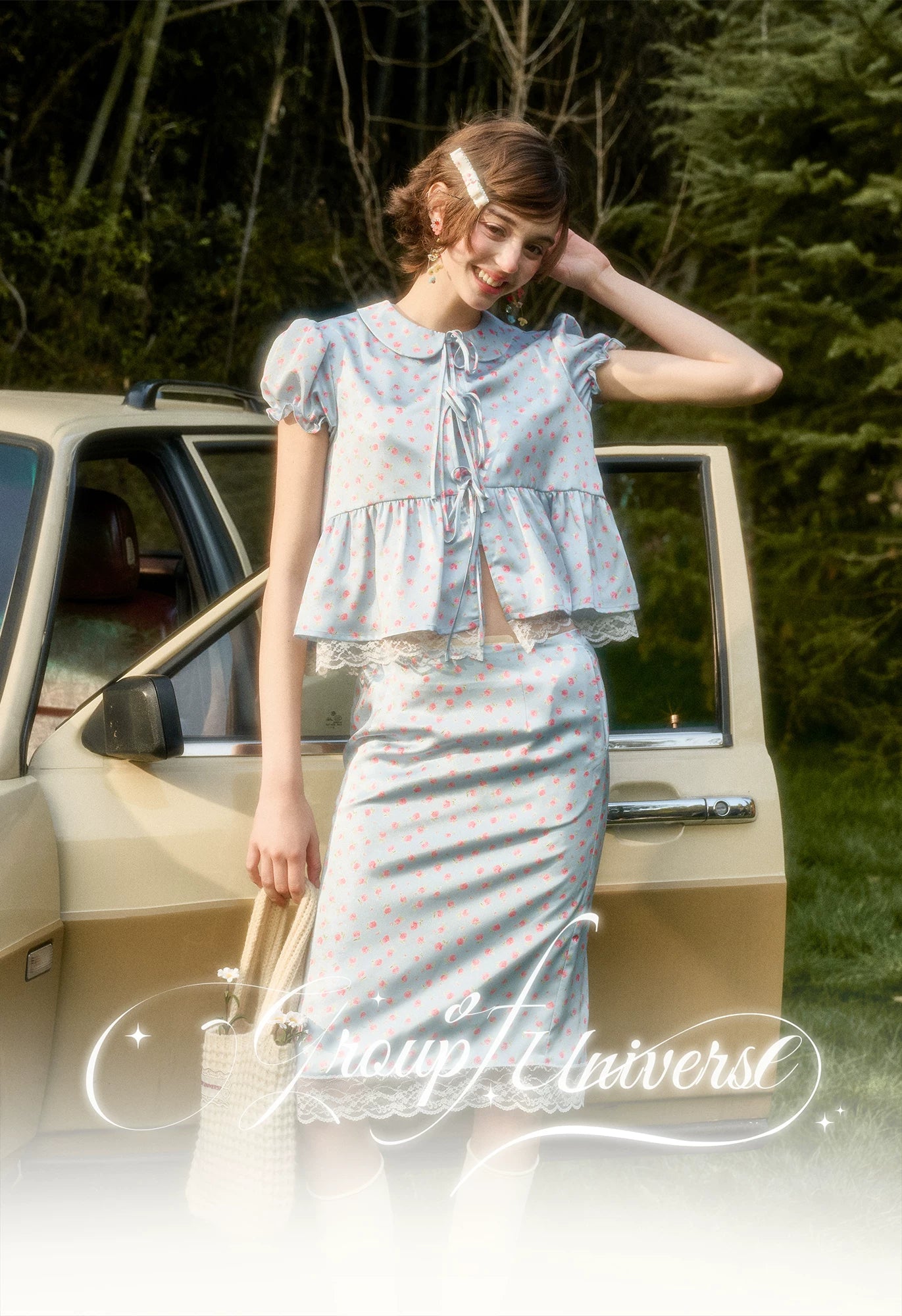 Soft Misty Blue Doll Collar Satin Floral Shirt