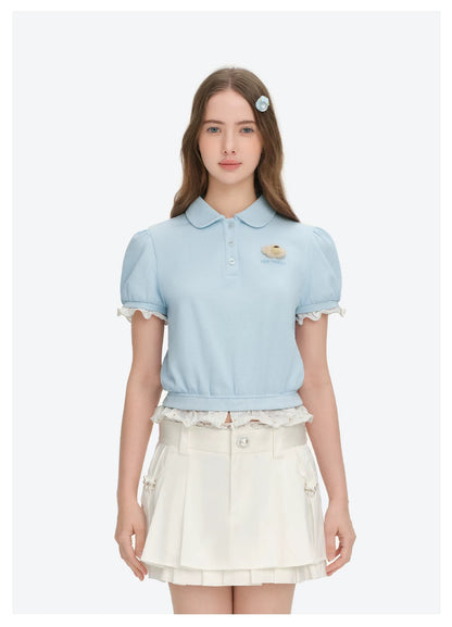 Gathered Puff Sleeve Polo T-shirt