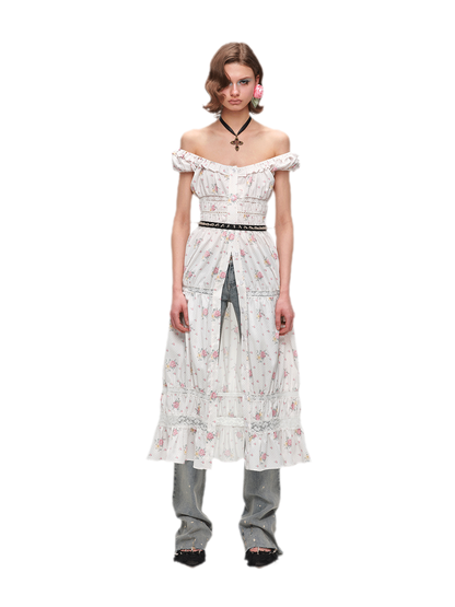 Long Floral Lace Chiffon Dress