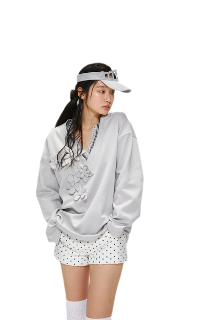 Handmade Flower Appliqué V-Neck Sweatshirt